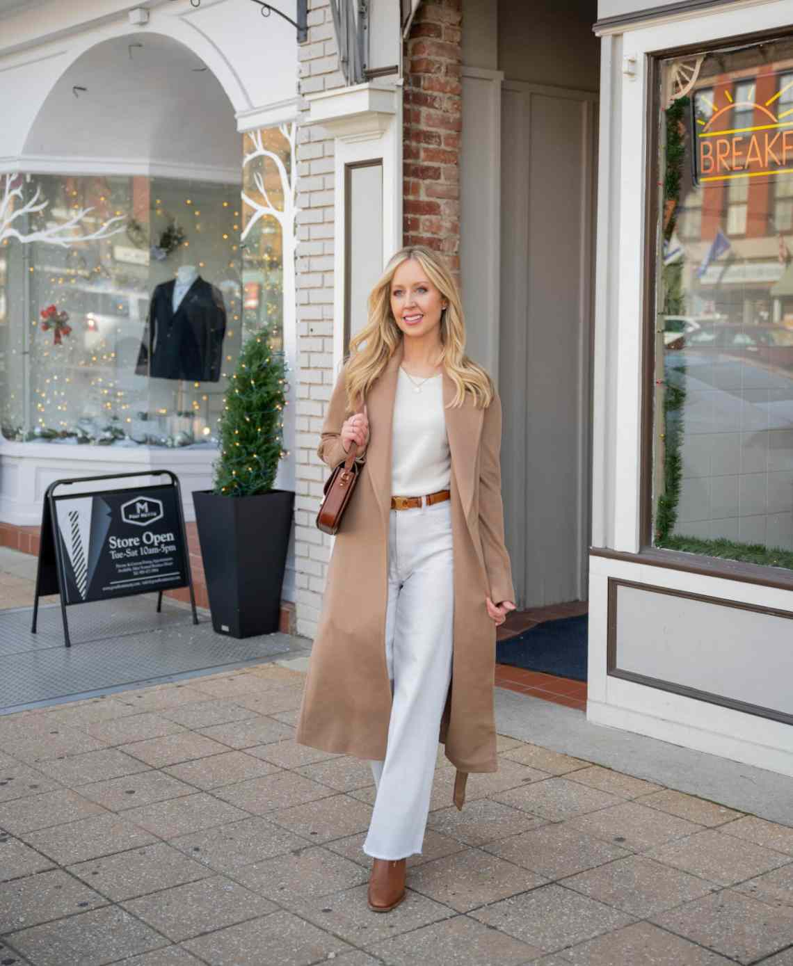 Camel Coat Over White Sweater and Trousers Camel Coat Over White Sweater and Trousers — Simple Style Inspo