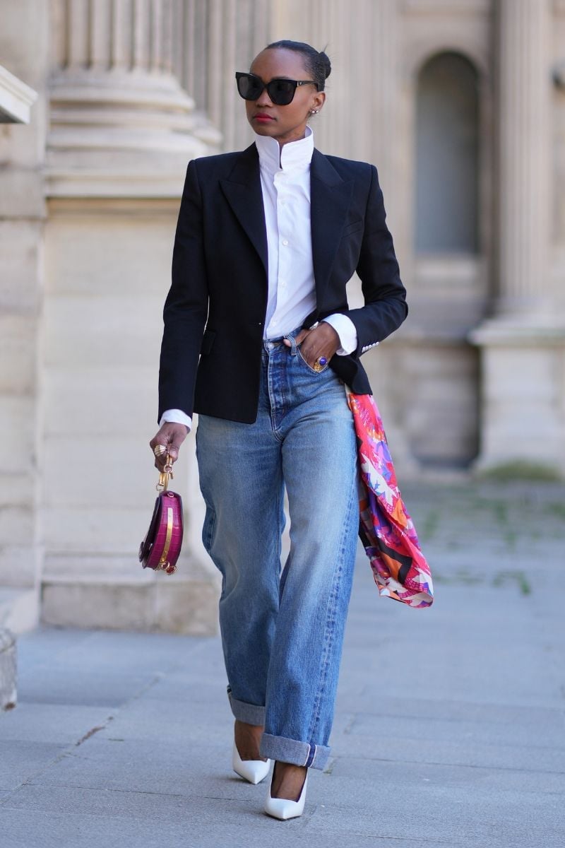 Light Wash Jeans with Black Blazer and Scarf Light Wash Jeans with Black Blazer and Scarf — Simple Style Inspo