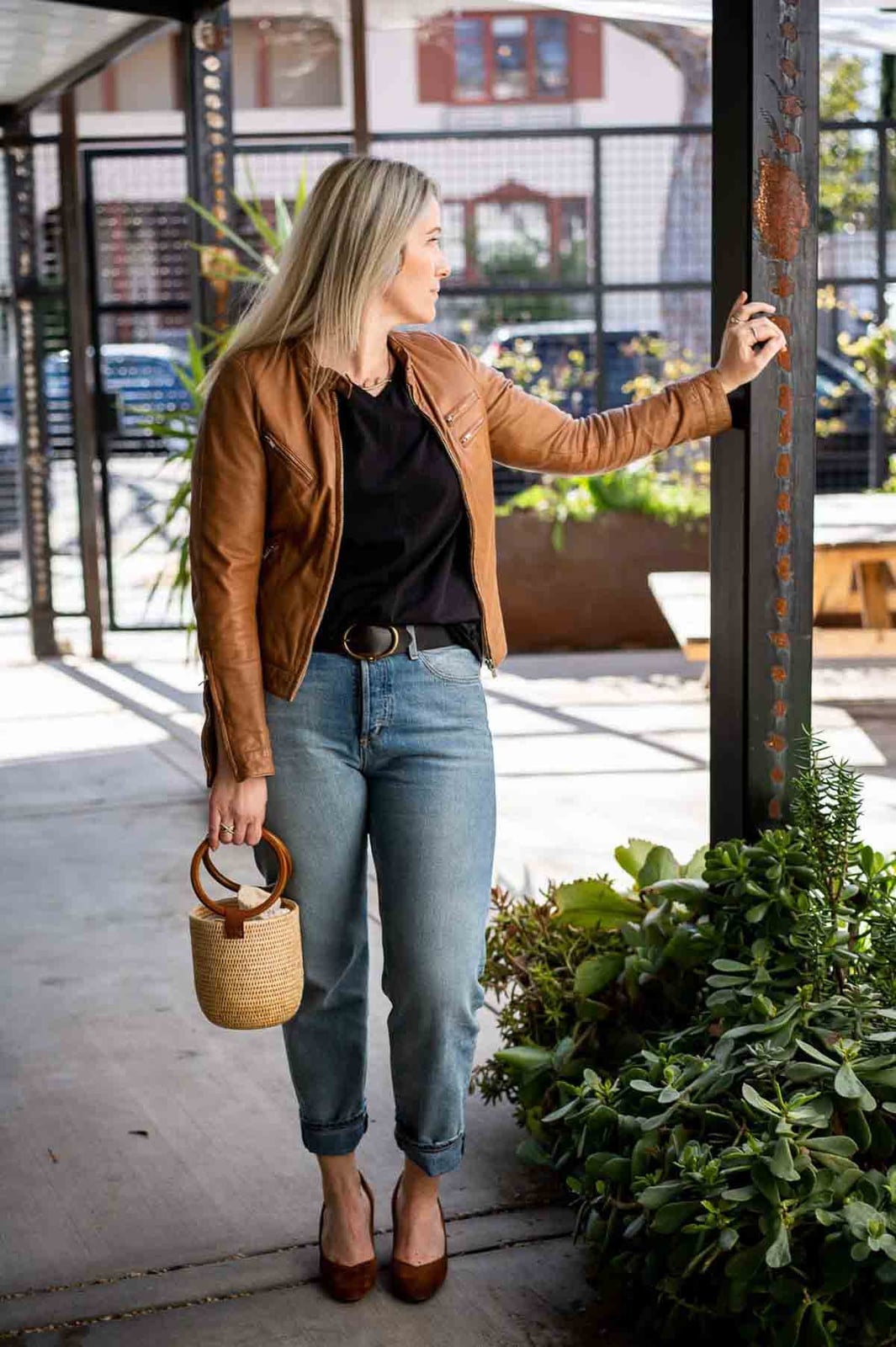 Brown Leather Jacket with Cuffed Jeans Brown Leather Jacket with Cuffed Jeans — Simple Style Inspo