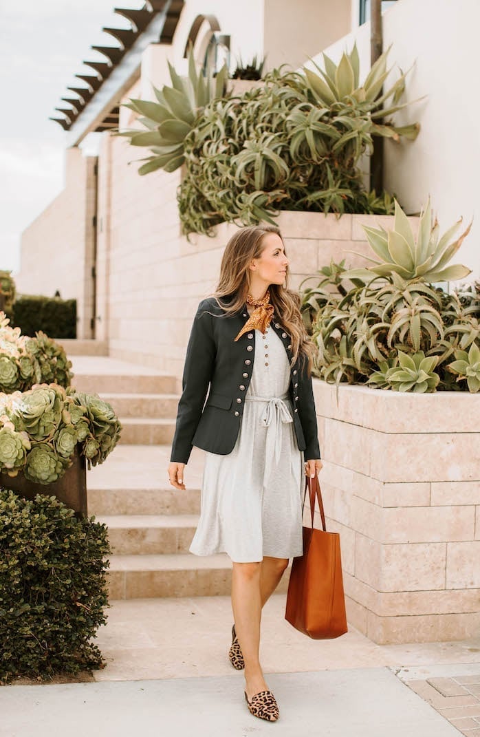 Gray T-Shirt Dress with Military Blazer Gray T-Shirt Dress with Military Blazer — Simple Style Inspo