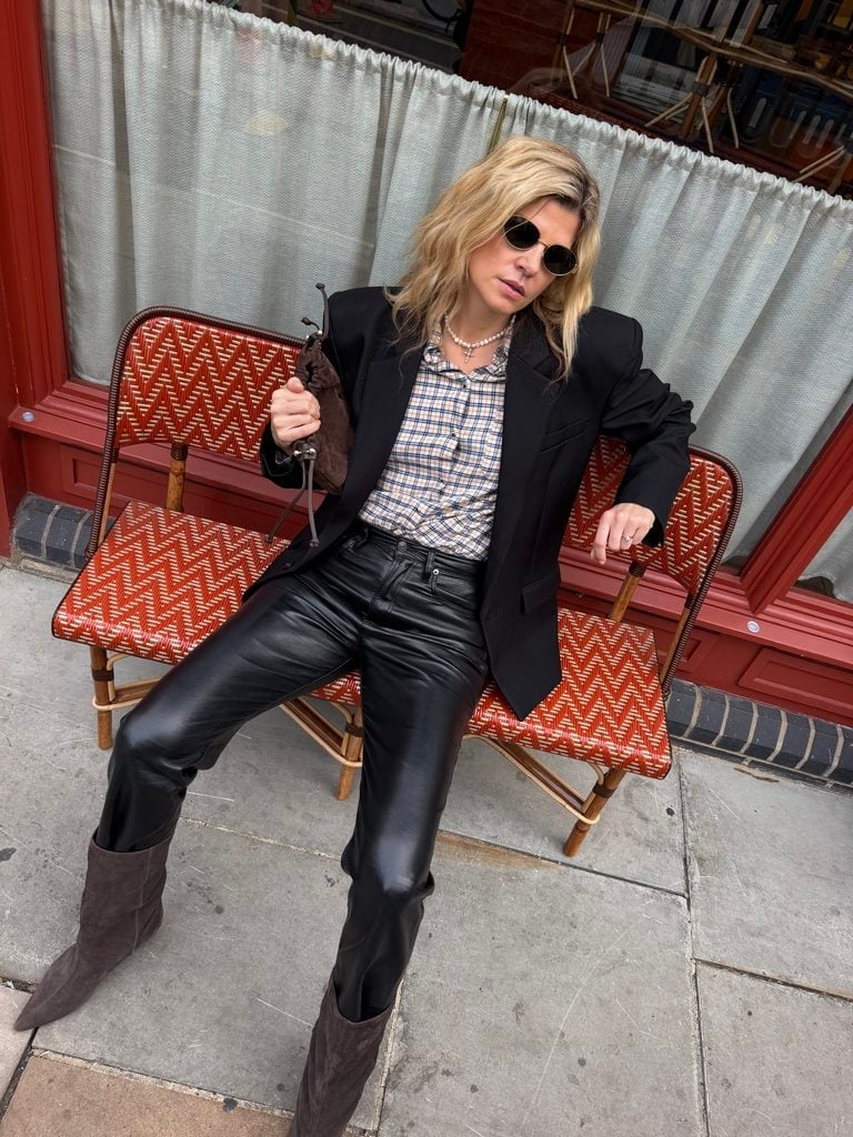 Black Blazer with Plaid Shirt and Leather Trousers Black Blazer with Plaid Shirt and Leather Trousers — Simple Style Inspo