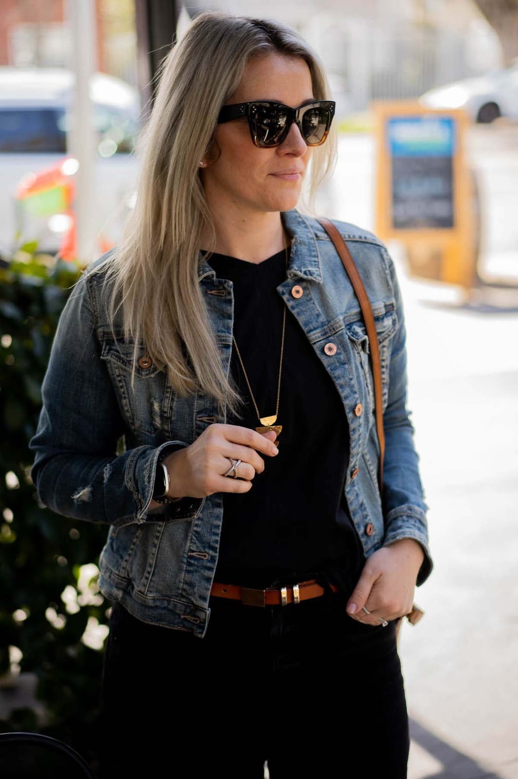Blue Denim Jacket with Black Top and Pants Blue Denim Jacket with Black Top and Pants — Simple Style Inspo