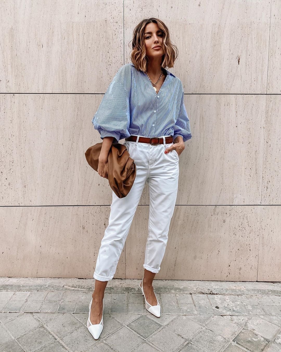 Striped Balloon Sleeve Shirt with White Trousers Striped Balloon Sleeve Shirt with White Trousers — Simple Style Inspo