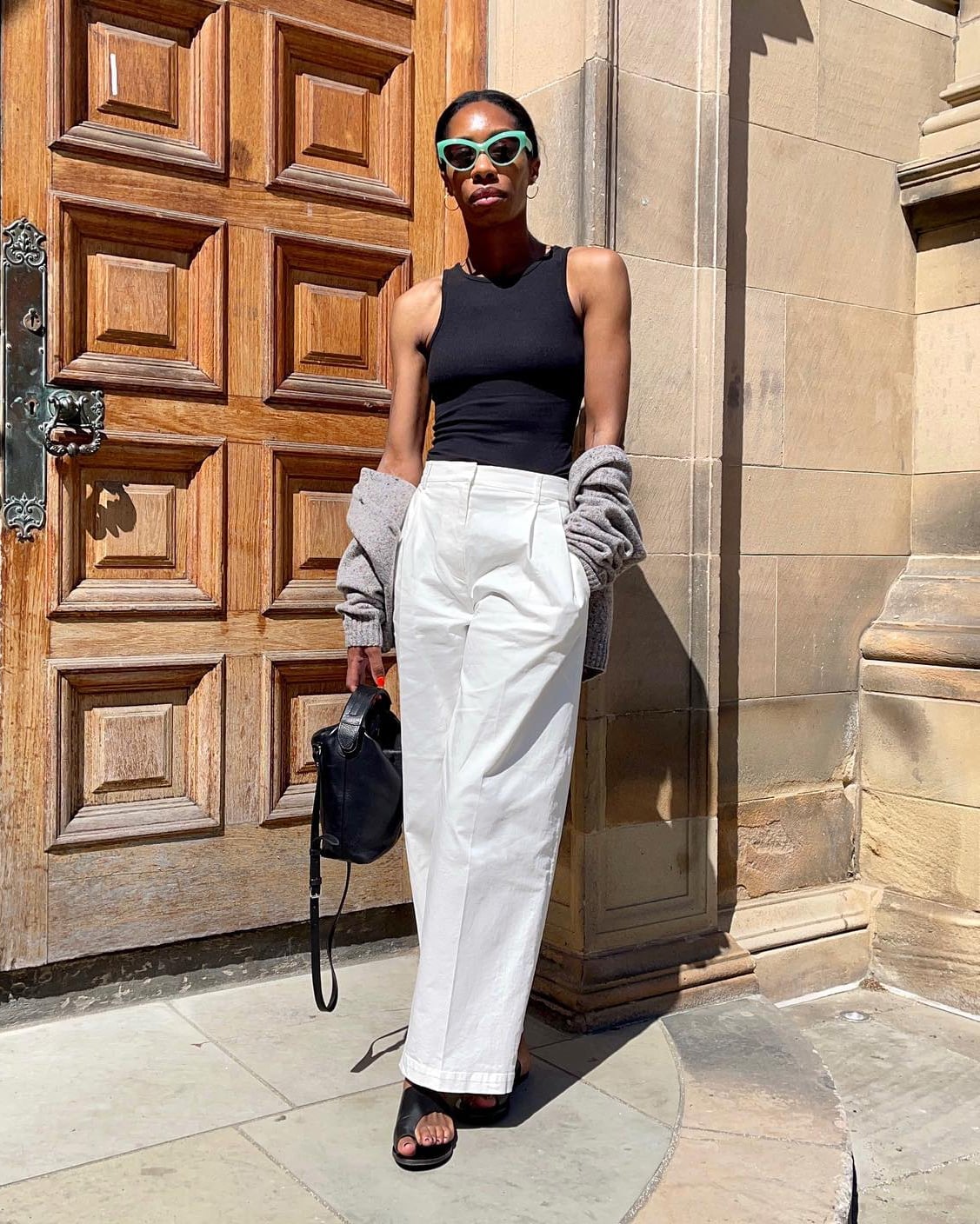 White Wide-Leg Trousers with Gray Cardigan White Wide-Leg Trousers with Gray Cardigan — Simple Style Inspo