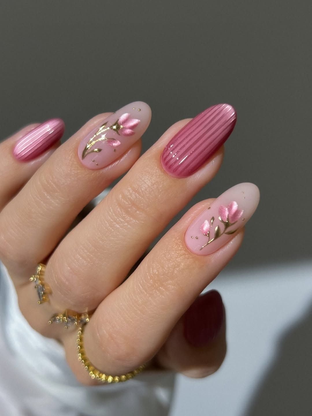 Nude Almond with Pink Floral and Gold Details — Simple Trending Nails