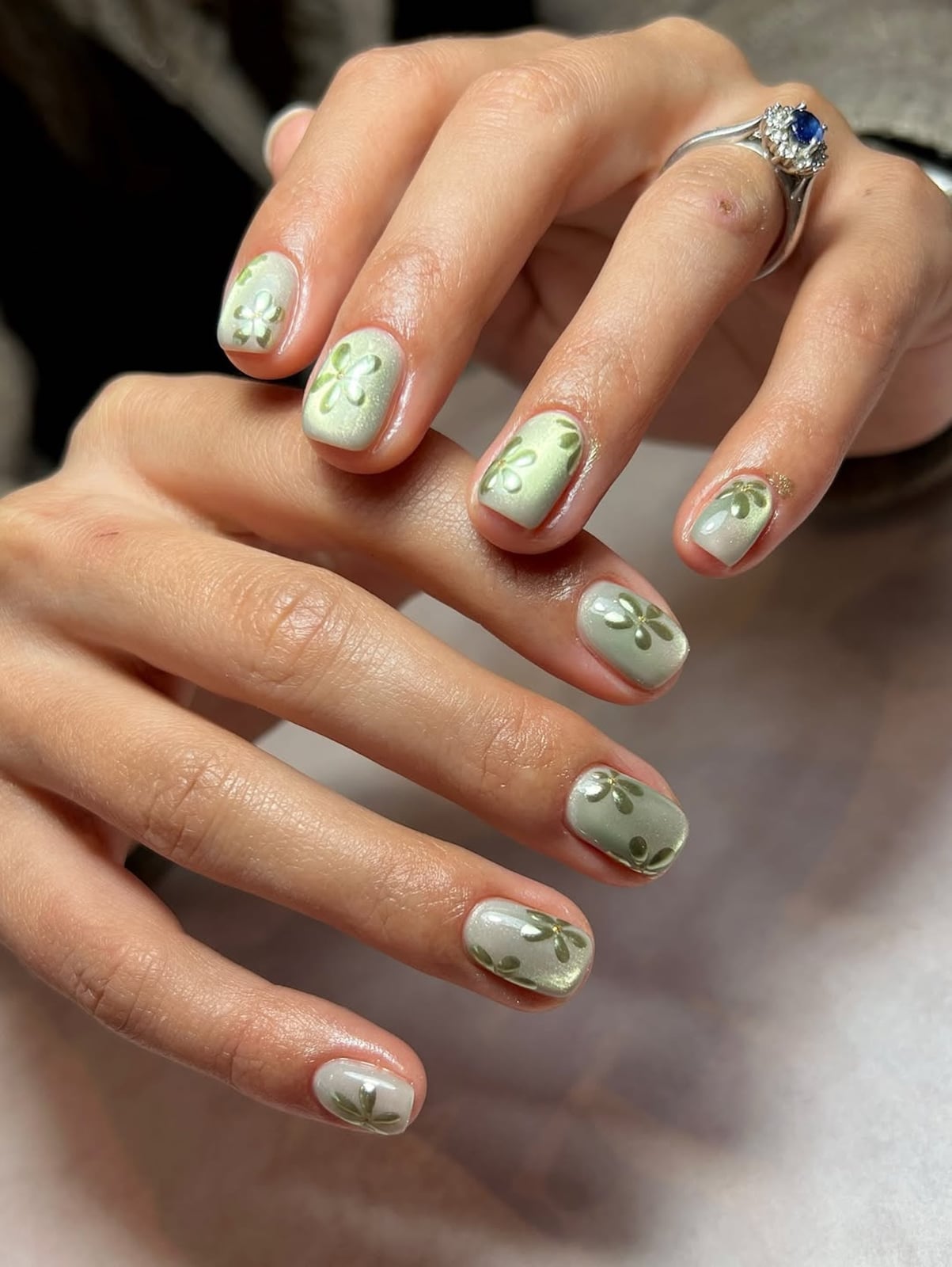Short Square Pale Green Cat-Eye with Floral Art — Simple Trending Nails