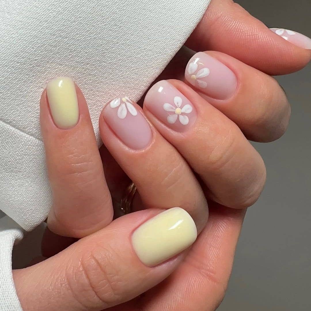 Short Almond Pastel Yellow and Pink Floral Nails — Simple Trending Nails