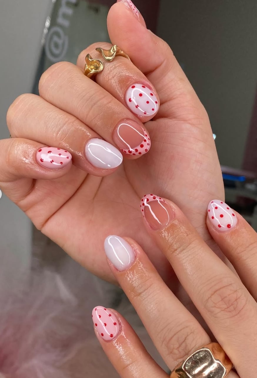 Short Oval Pink and Milky with Red Polka Dots — Simple Trending Nails