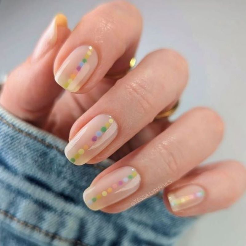 Short Oval Sheer Yellow with Pastel Dots — Simple Trending Nails
