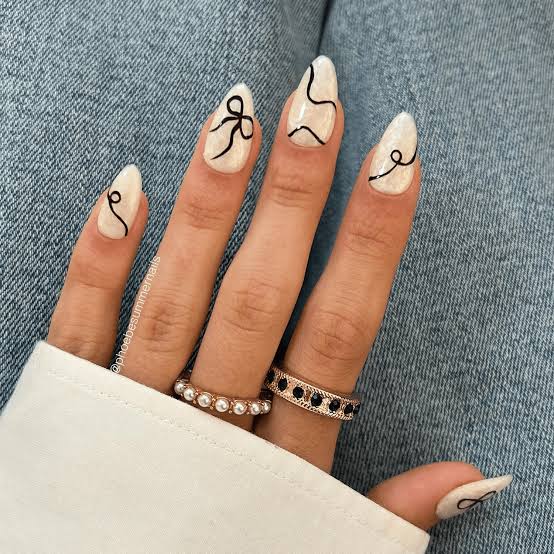 Short Almond White with Black Line Art — Simple Trending Nails