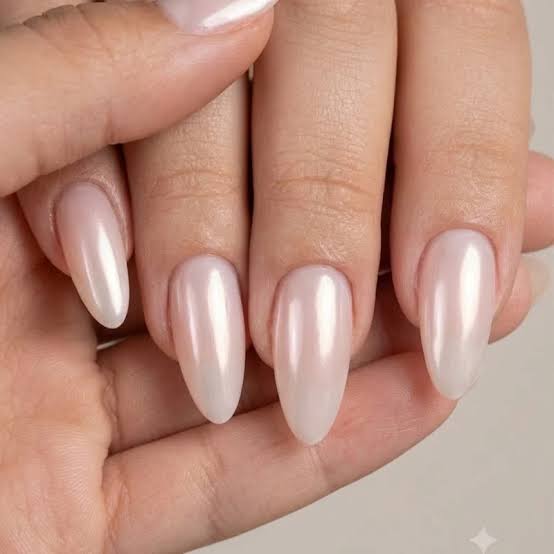 Short Almond Milky Pink Shimmer Nails — Simple Trending Nails