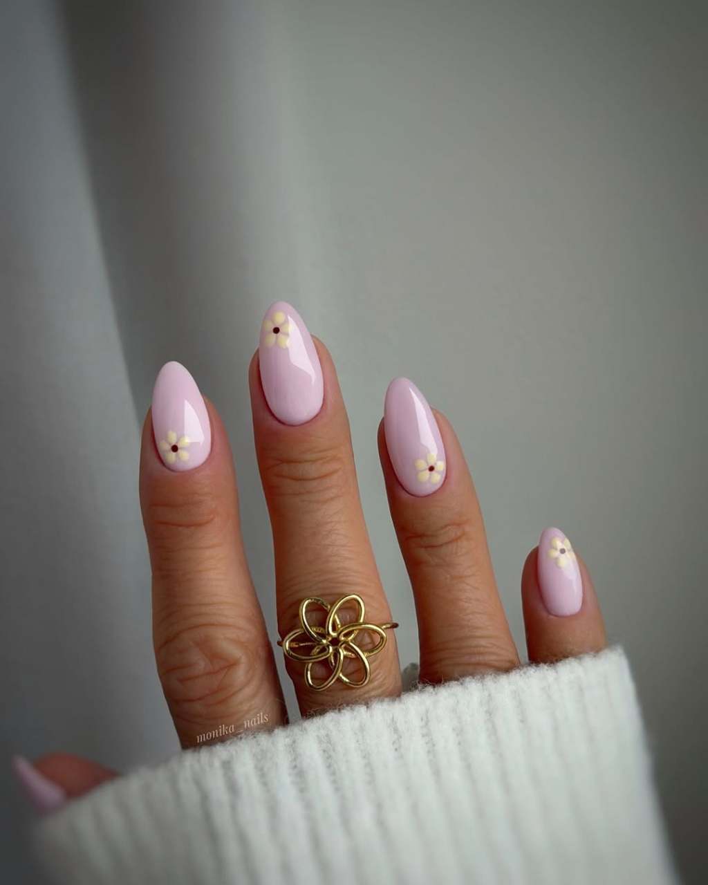 Pale Pink Glossy Oval Nails with Flower Accents — Simple Trending Nails