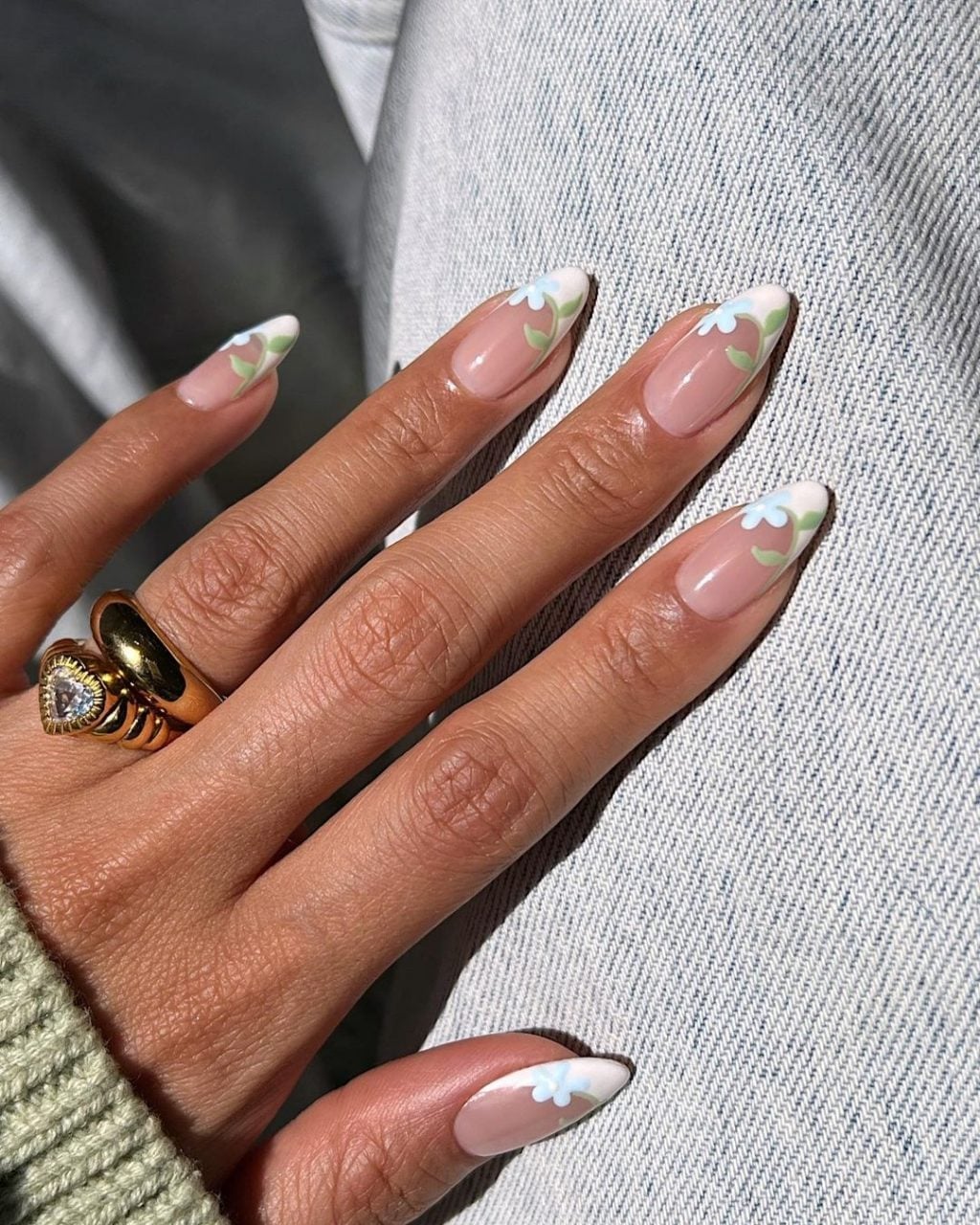 Almond French Tip with Blue Floral Art — Simple Trending Nails
