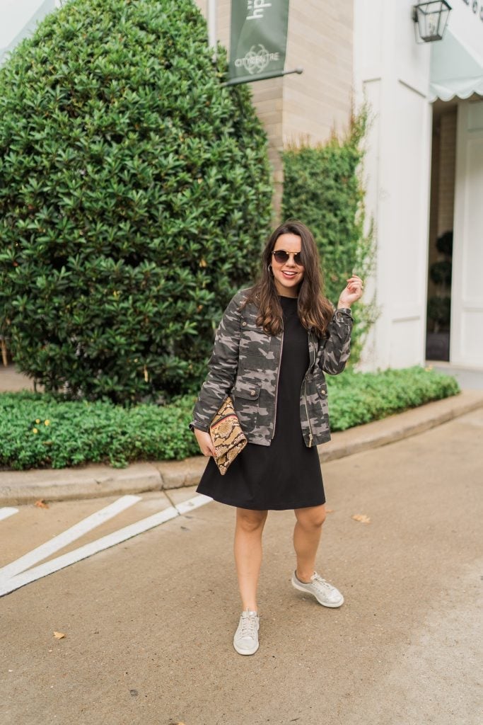 Camouflage Jacket Over Black Mini Dress — Simple Weekend Outfits