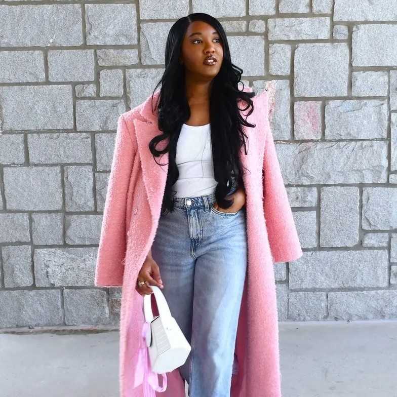 Pink Textured Coat With Straight Leg Jeans — Simple Weekend Outfits