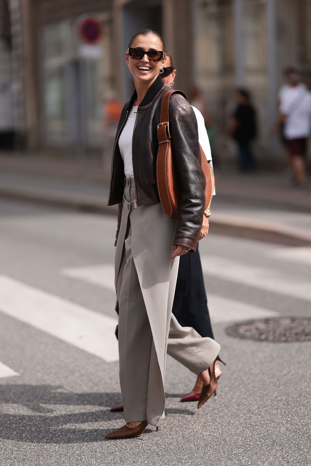 Leather Bomber Jacket Over White Tee And Wrap Trousers — Simple Weekend Outfits