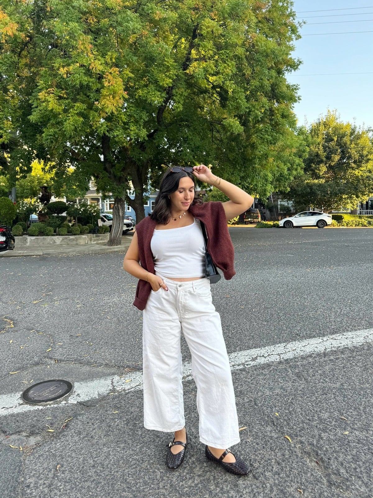 Burgundy Knit Vest Over White Wide Leg Jeans — Simple Weekend Outfits