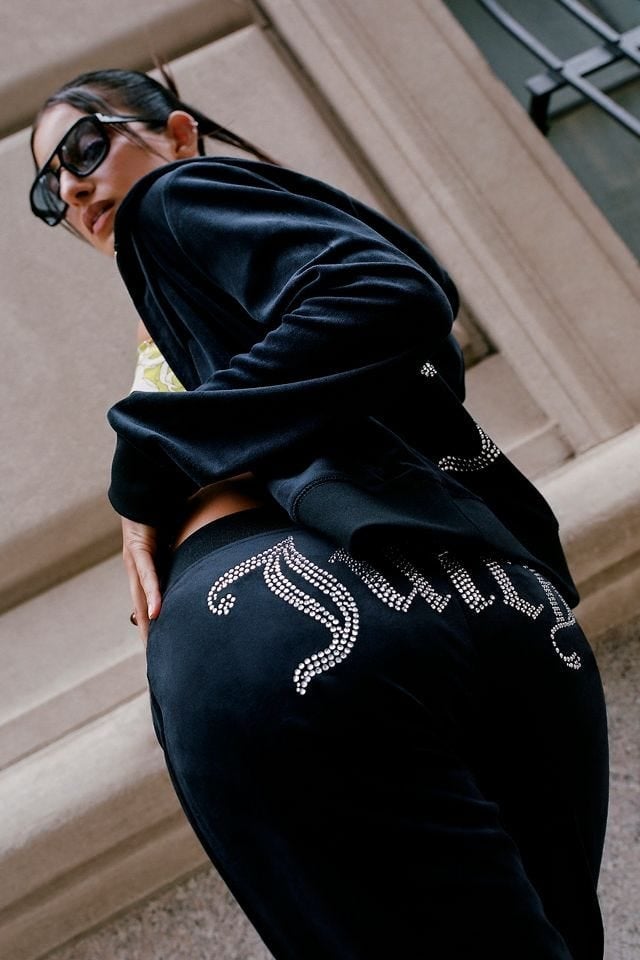 Black Velour Tracksuit with Rhinestone Logo Detail, Close-Up Take Black Velour Tracksuit with Rhinestone Logo Detail, Close-Up Take — Trendy 2000s Outfits Party