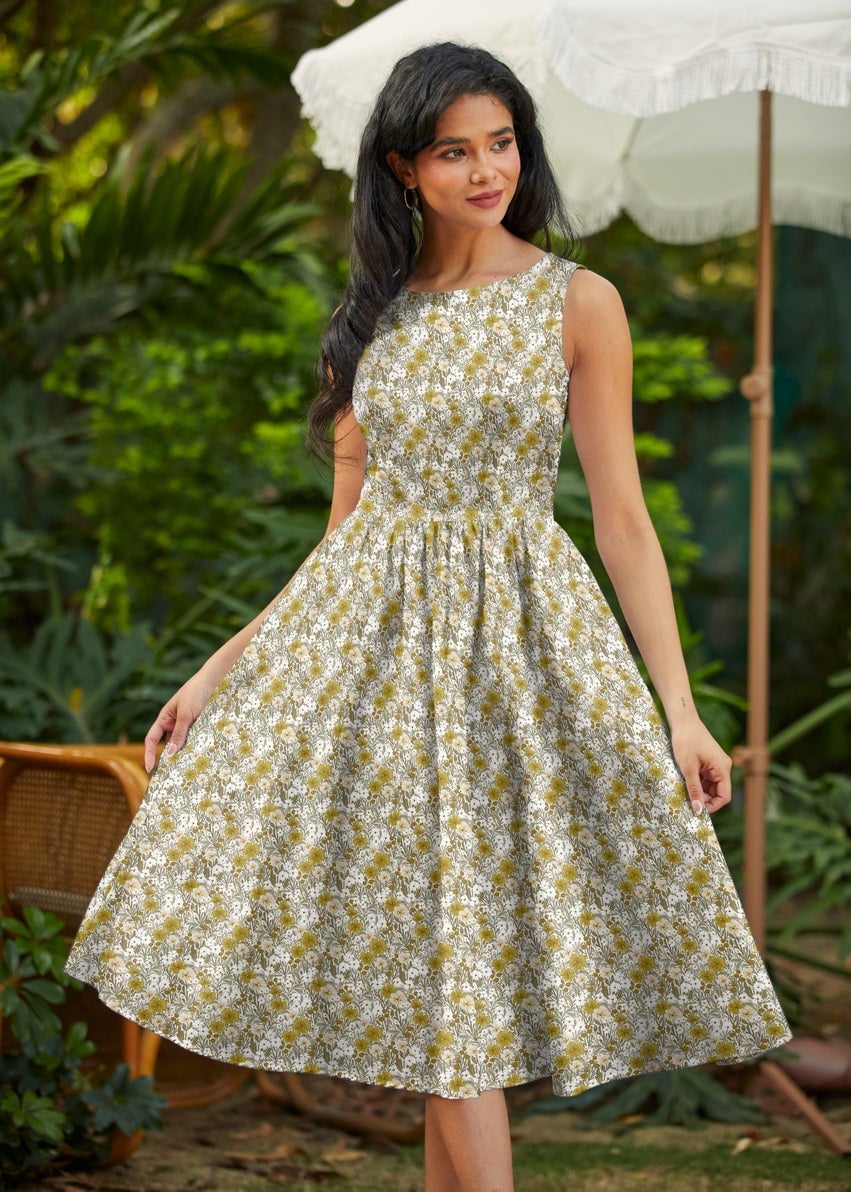 White and Yellow Floral Print Midi Swing Dress — Trendy 50s Style