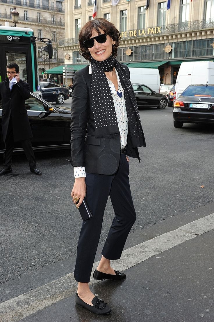 Tailored Black Blazer Over a Polka Dot Blouse and Trousers — Trendy 50s Style