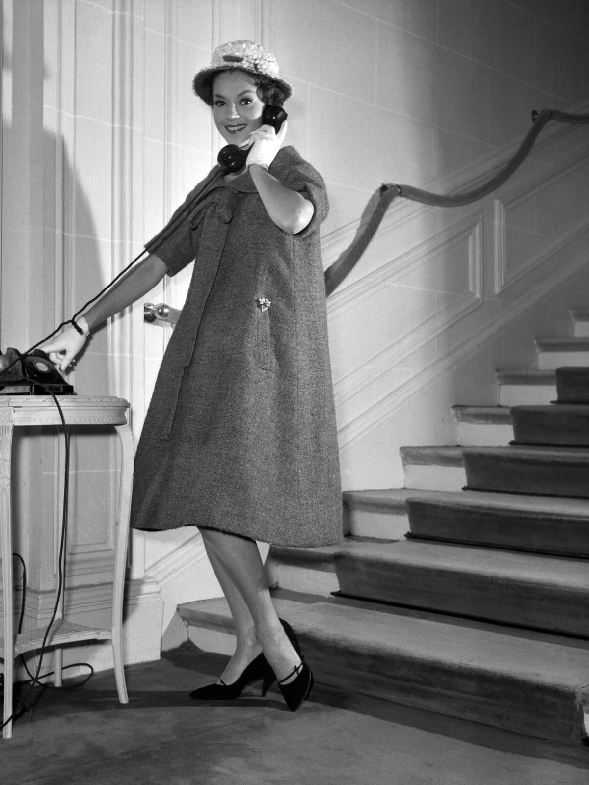 Gray A-line Coat Dress with Matching Hat and White Gloves — Trendy 50s Style