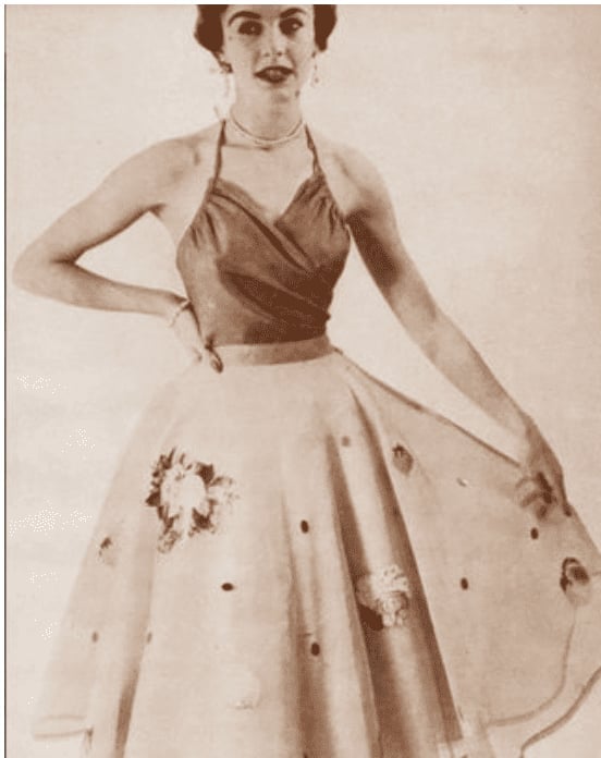 Brown Halter Neck Top with Voluminous Embroidered Cream Skirt — Trendy 50s Style