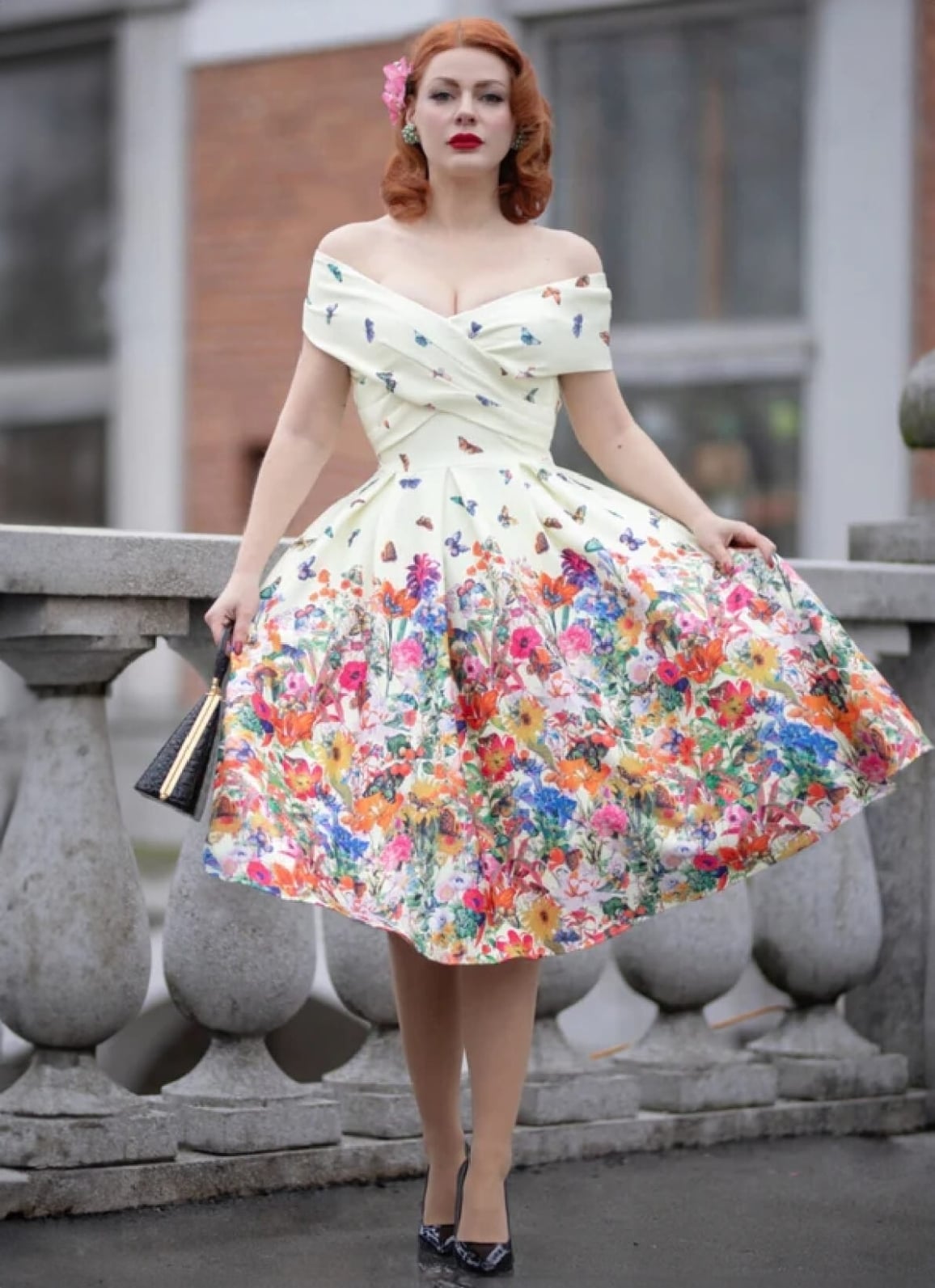 Pale Yellow Off-The-Shoulder Swing Dress with Floral Print — Trendy 50s Style