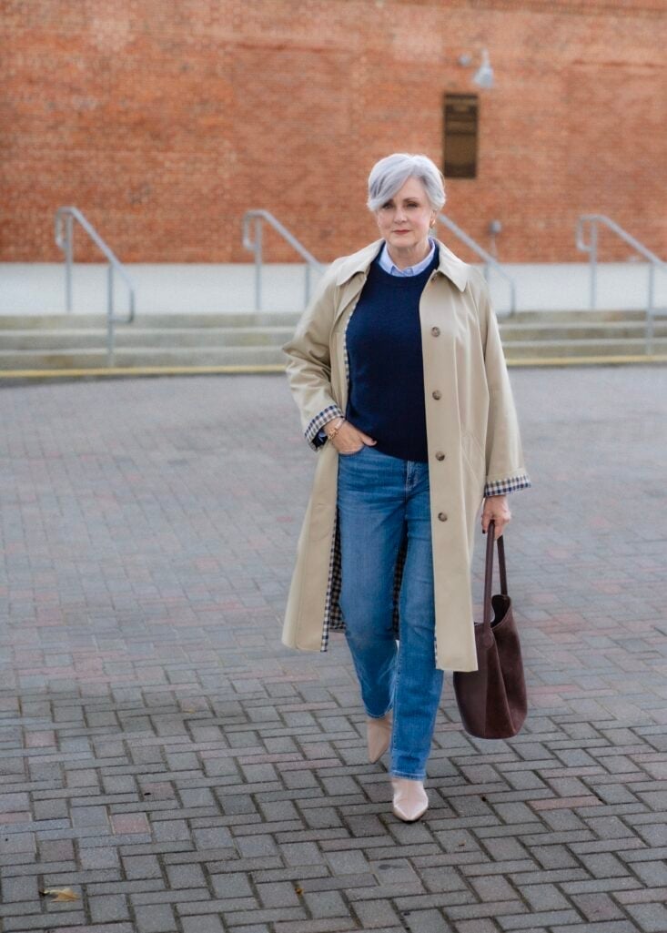 Beige Trench Coat Over a Navy Sweater and Collared Shirt — Trendy 50s Style