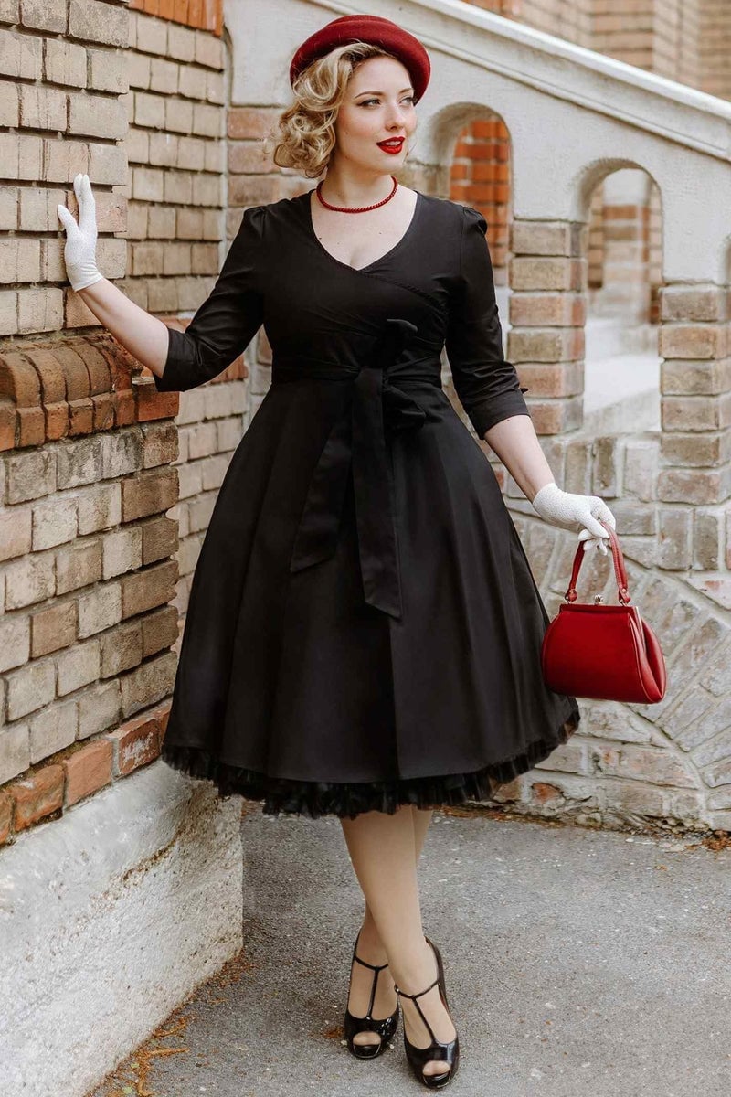 Black Swing Dress with a Full Circle Skirt and Tulle Trim — Trendy 50s Style