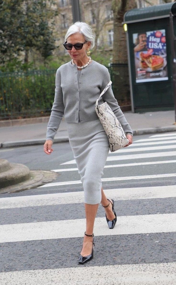 Gray Knit Skirt Suit with a Snake Print Handbag — Trendy 50s Style