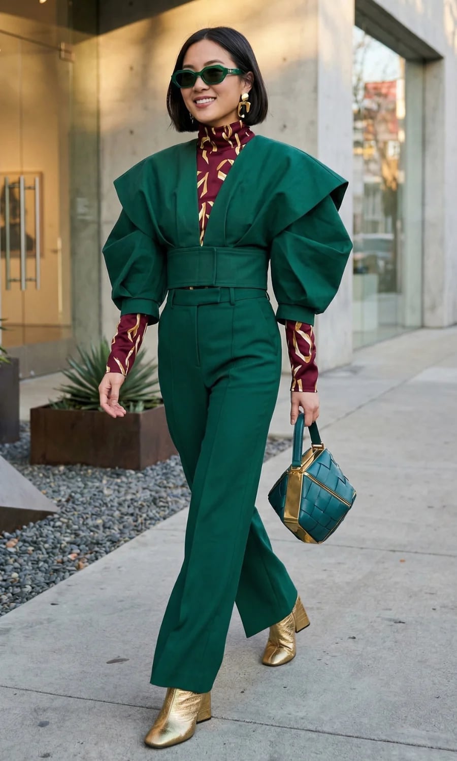 Emerald Pantsuit with Puffed Sleeves and Gold Boots Emerald Pantsuit with Puffed Sleeves and Gold Boots — Trendy 80s Party Outfit