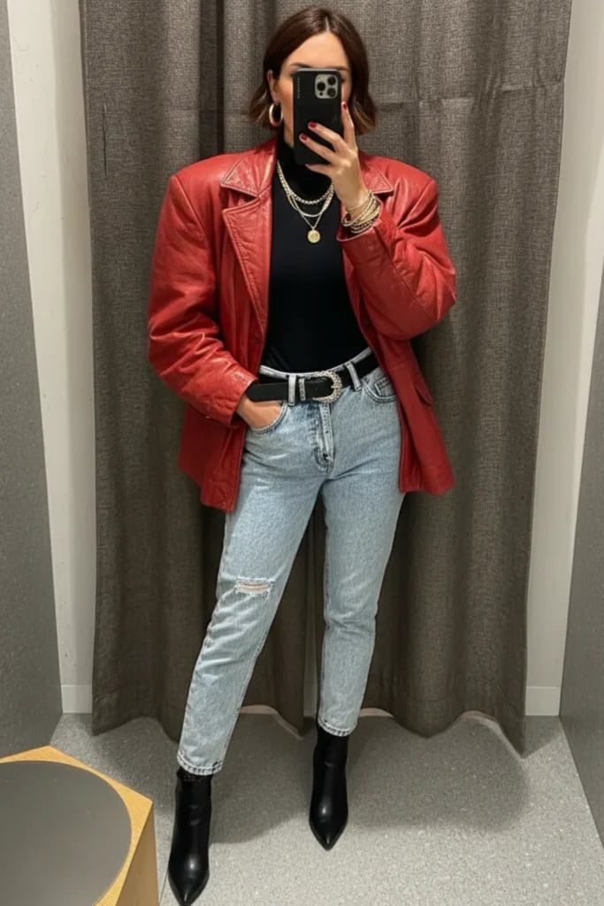 Red Leather Blazer with Ripped Jeans and Layered Necklaces Red Leather Blazer with Ripped Jeans and Layered Necklaces — Trendy 80s Party Outfit