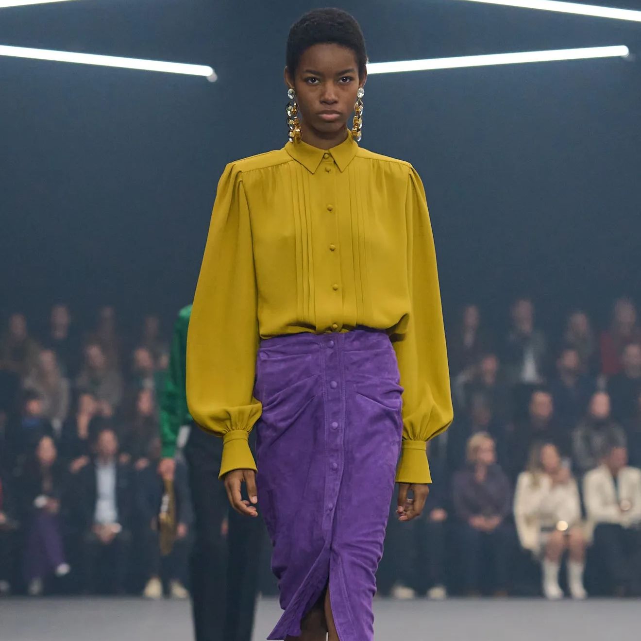 Mustard Yellow Blouse with Puffy Sleeves and Purple Skirt Mustard Yellow Blouse with Puffy Sleeves and Purple Skirt — Trendy 80s Party Outfit