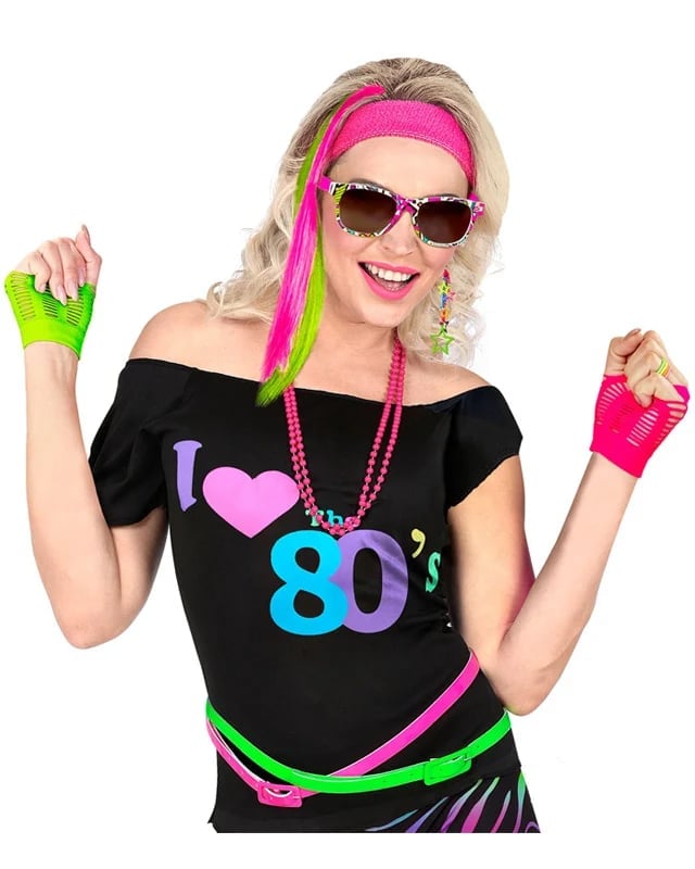 Off-shoulder Top with Neon Fingerless Gloves and Headband Off-shoulder Top with Neon Fingerless Gloves and Headband — Trendy 80s Party Outfit