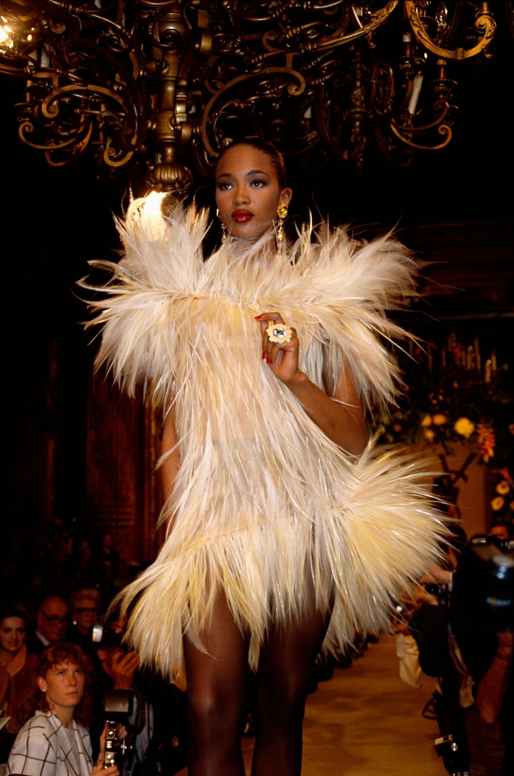 Cream Feather Mini Dress with Gold Earrings and Ring Cream Feather Mini Dress with Gold Earrings and Ring — Trendy 80s Party Outfit