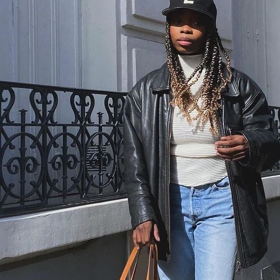 Oversized Leather Jacket Over Turtleneck Oversized Leather Jacket Over Turtleneck — Trendy 80s Style