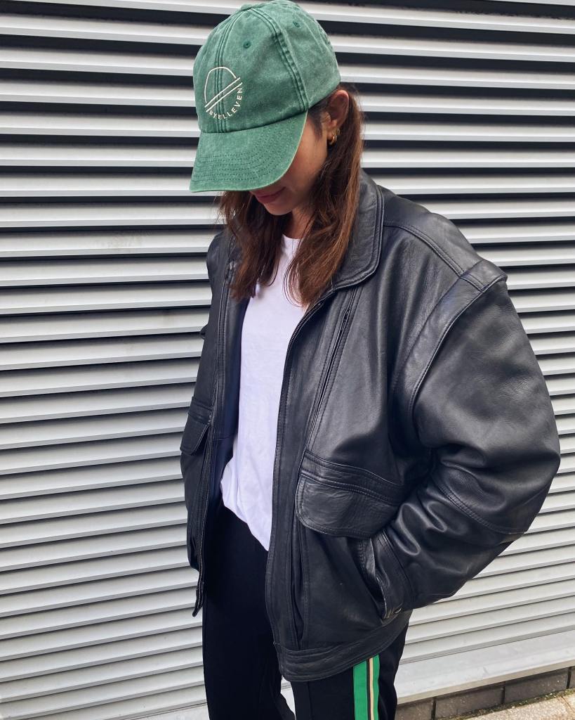Oversized Leather Jacket With Striped Pants Oversized Leather Jacket With Striped Pants — Trendy 80s Style