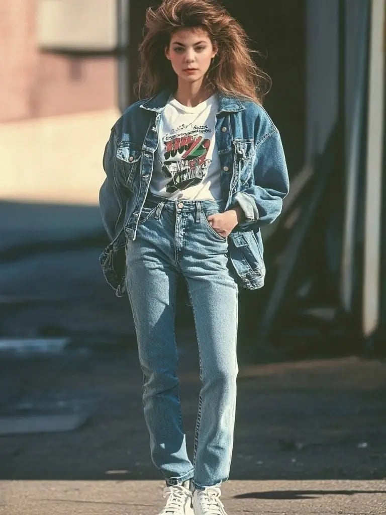 Full Denim Outfit With Graphic T-Shirt Full Denim Outfit With Graphic T-Shirt — Trendy 80s Style