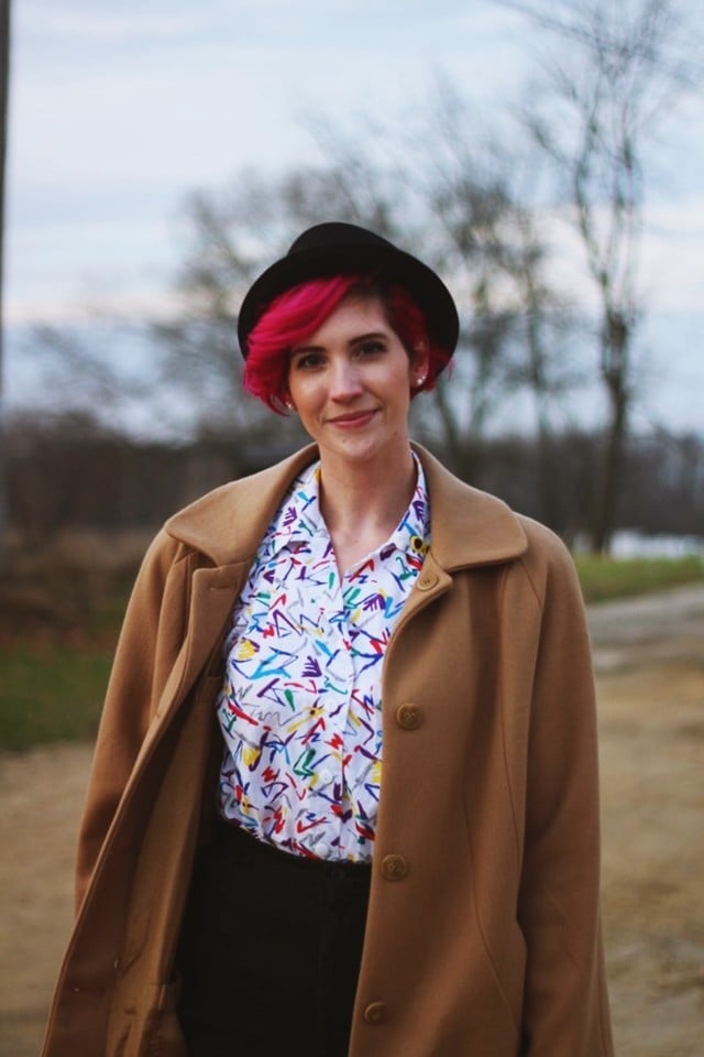 Camel Coat Over Graphic Print Shirt Camel Coat Over Graphic Print Shirt — Trendy 80s Style