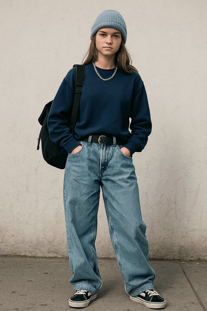 Extremely Baggy Light-Wash Jeans with a Navy Sweatshirt — Trendy 90s Style