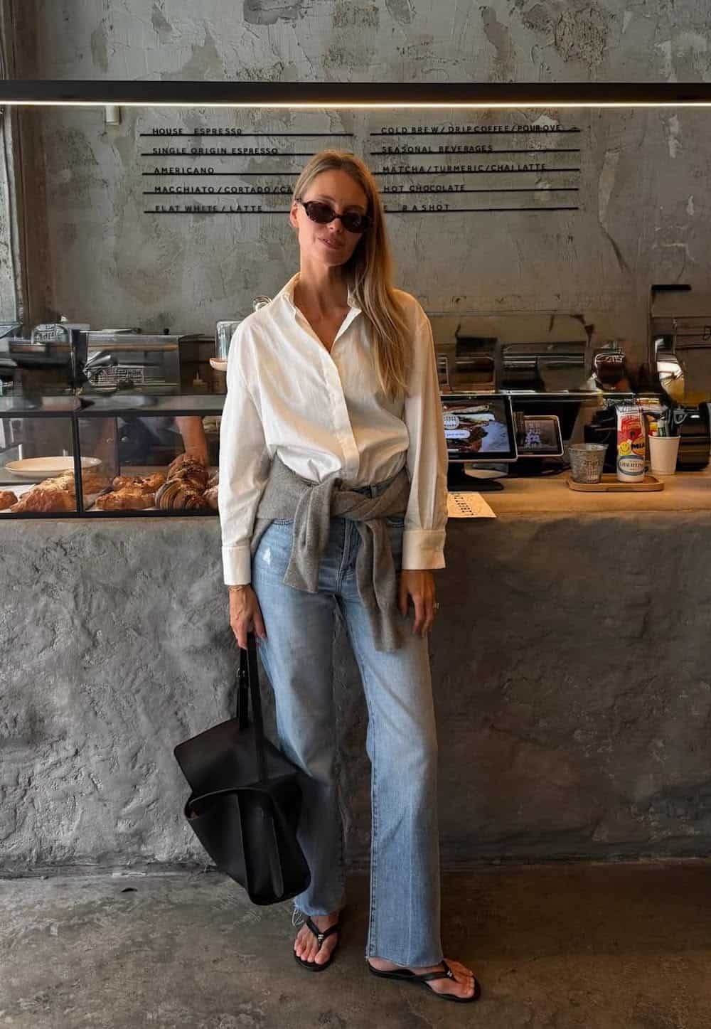 White Button-Down Shirt with Gray Cardigan Tied at Waist — Trendy 90s Style