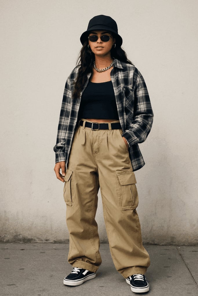 Oversized Gray Plaid Flannel Over Tan Cargo Pants — Trendy 90s Style