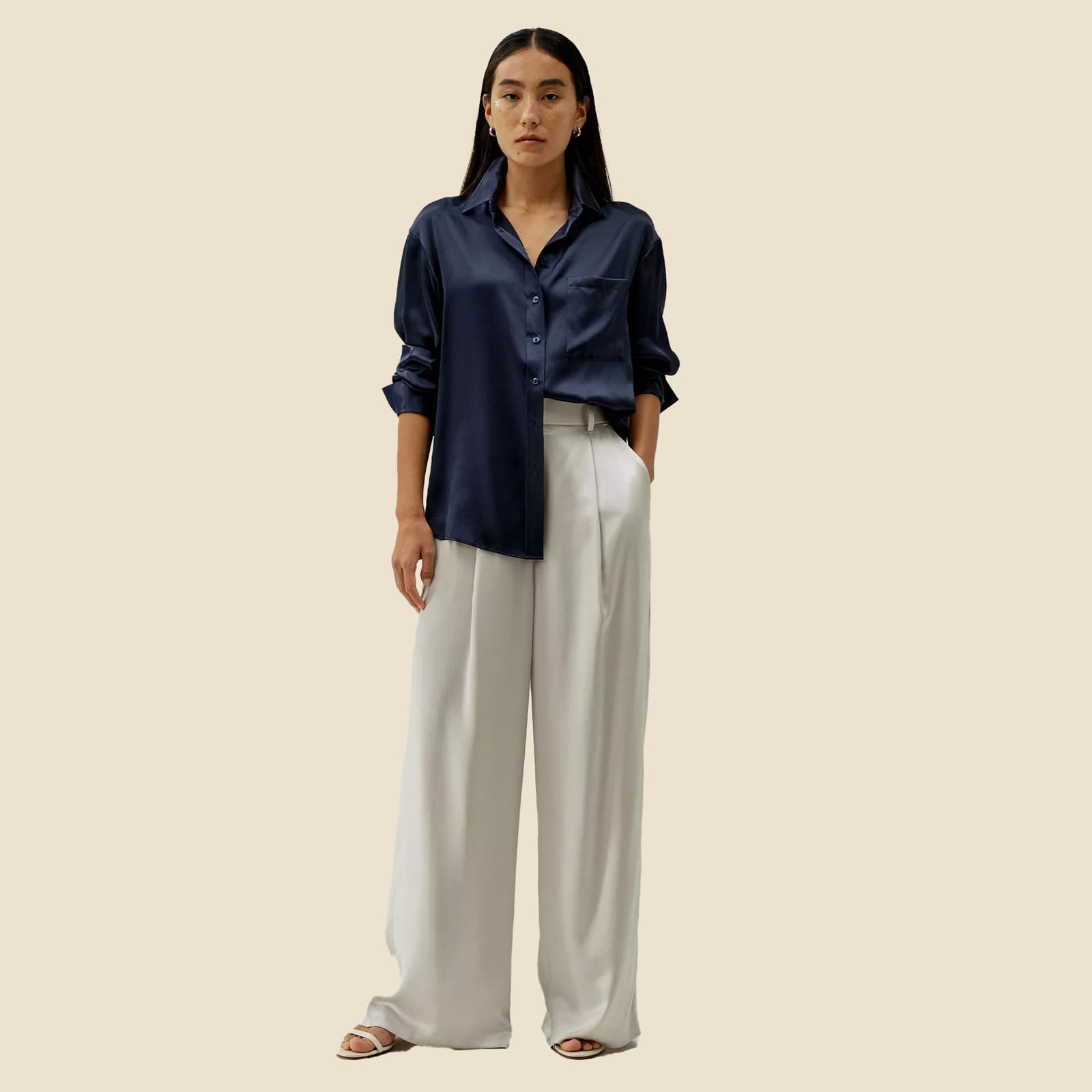 Navy Silk Button-Down with Cream Wide-Leg Trousers — Trendy 90s Style