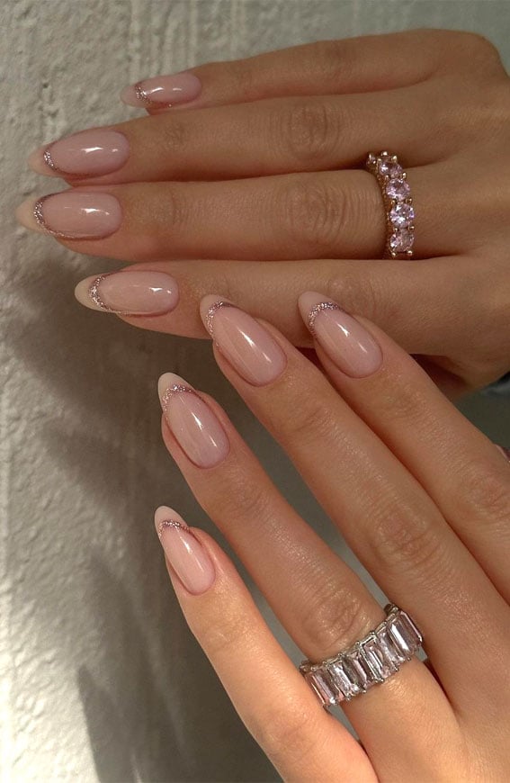 Medium Almond Pink Nude Silver Line French Medium Almond Pink Nude Silver Line French — Trendy Almond Nails French