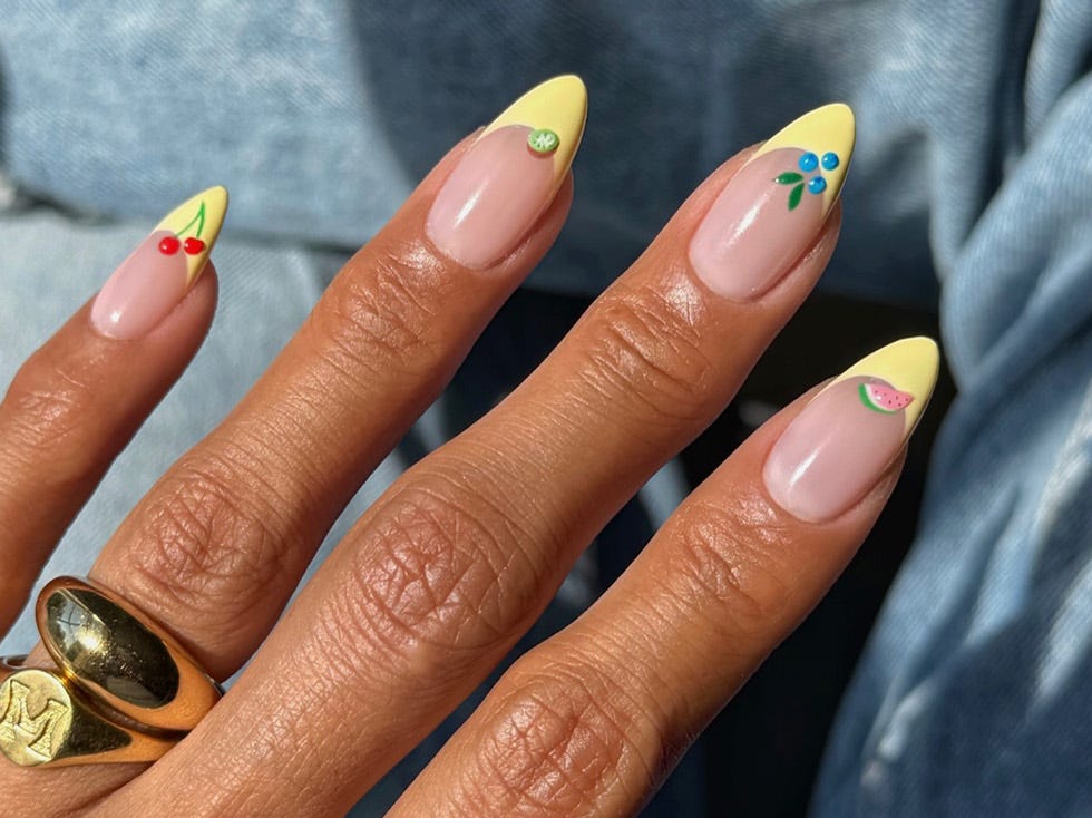 Medium Almond Yellow Fruit Motif French Medium Almond Yellow Fruit Motif French — Trendy Almond Nails French