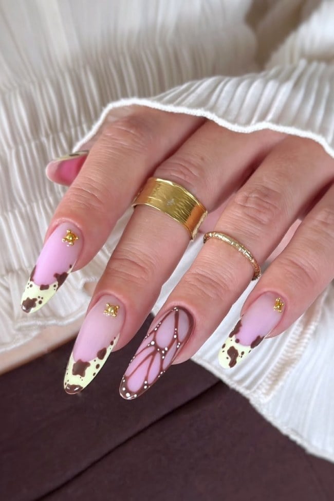 Long Almond Butterfly Cow Print French Long Almond Butterfly Cow Print French — Trendy Almond Nails French