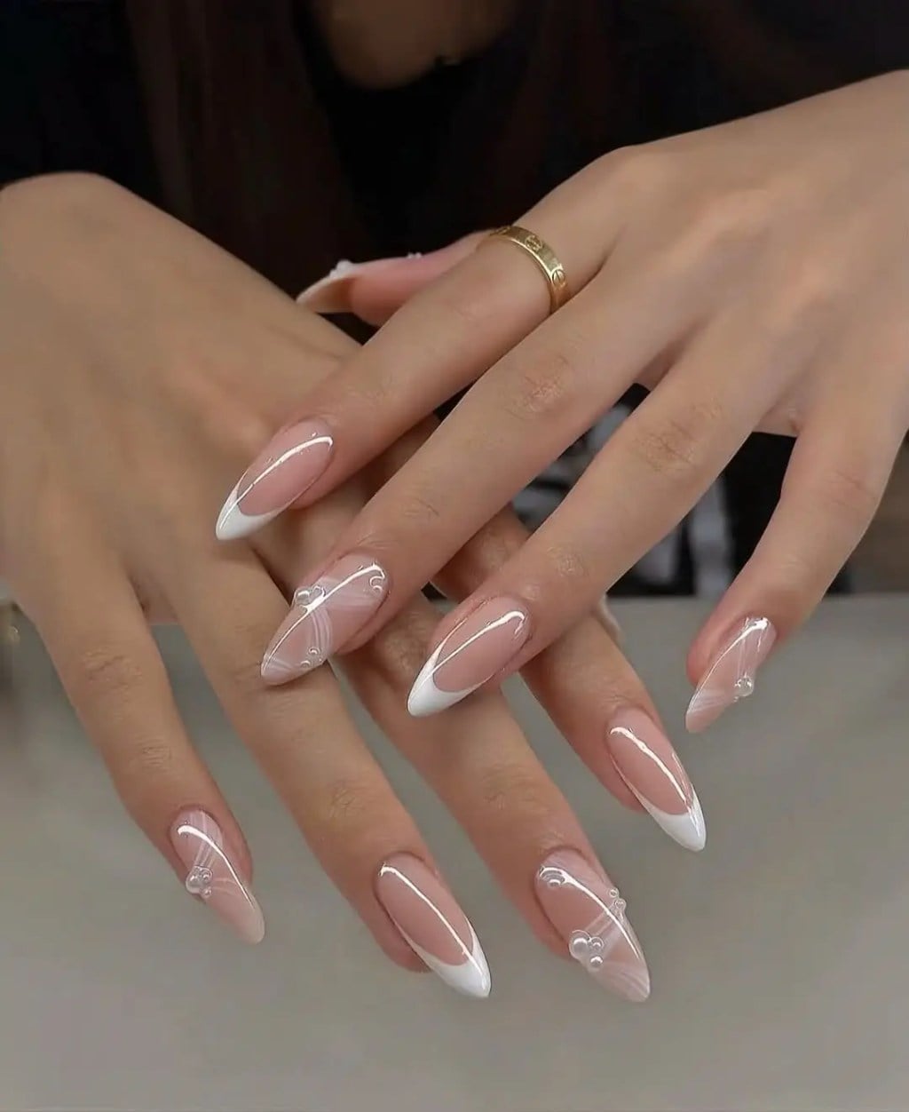 Long Almond White Abstract Line Embellished French Long Almond White Abstract Line Embellished French — Trendy Almond Nails French