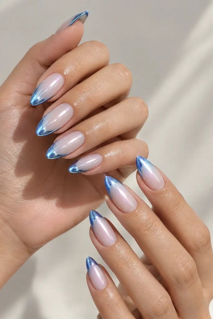 Medium Almond Pearlescent Blue Chrome French Medium Almond Pearlescent Blue Chrome French — Trendy Almond Nails French