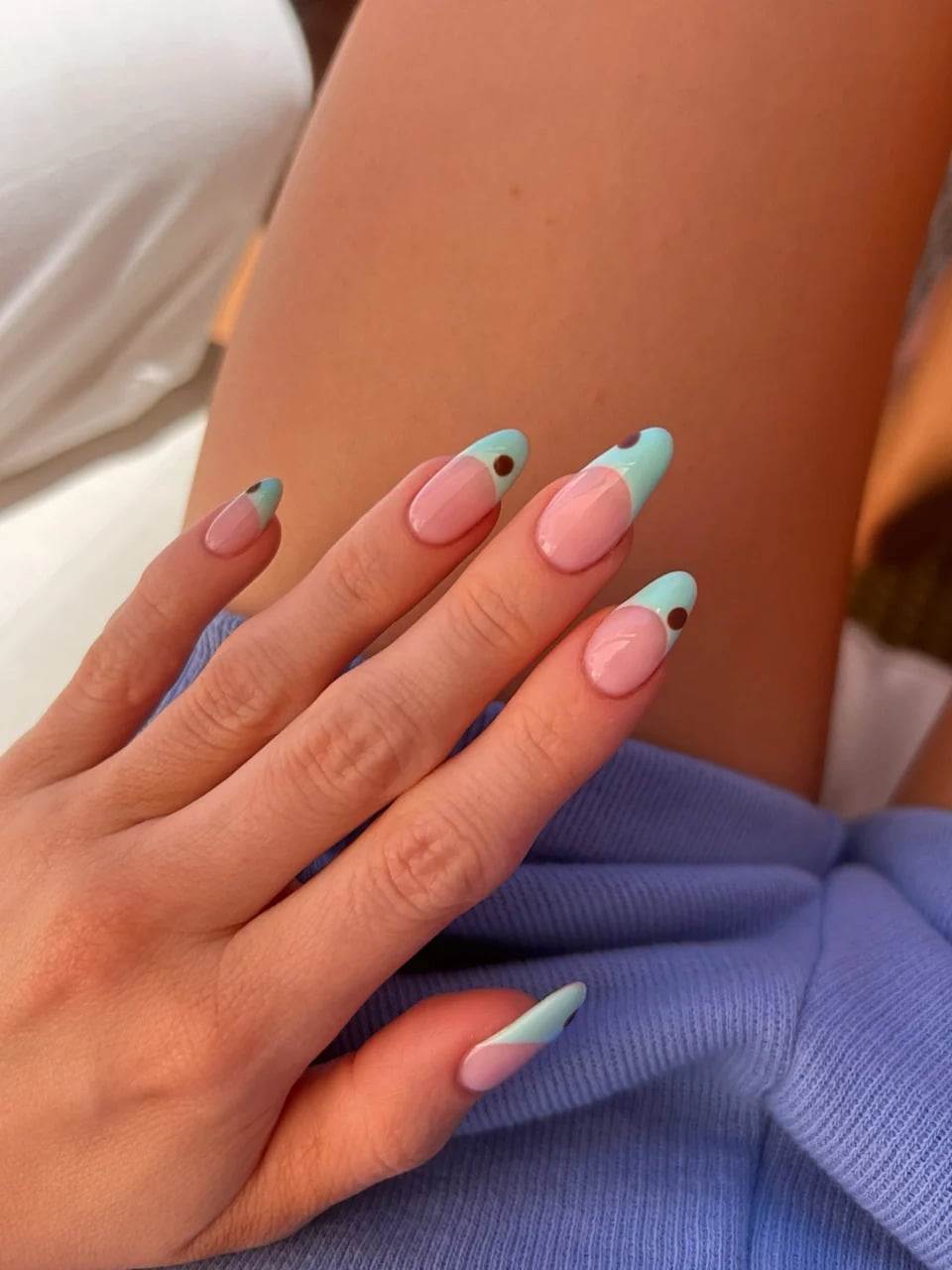 Medium Almond Pink Blue Accent French Medium Almond Pink Blue Accent French — Trendy Almond Nails French