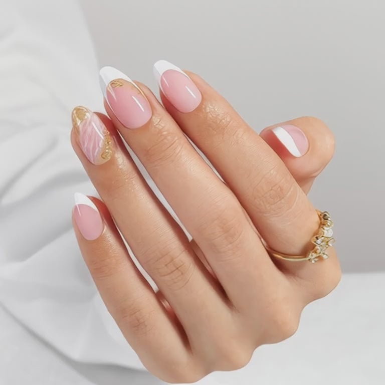 Medium Almond Gold Leaf Swirl French Medium Almond Gold Leaf Swirl French — Trendy Almond Nails French